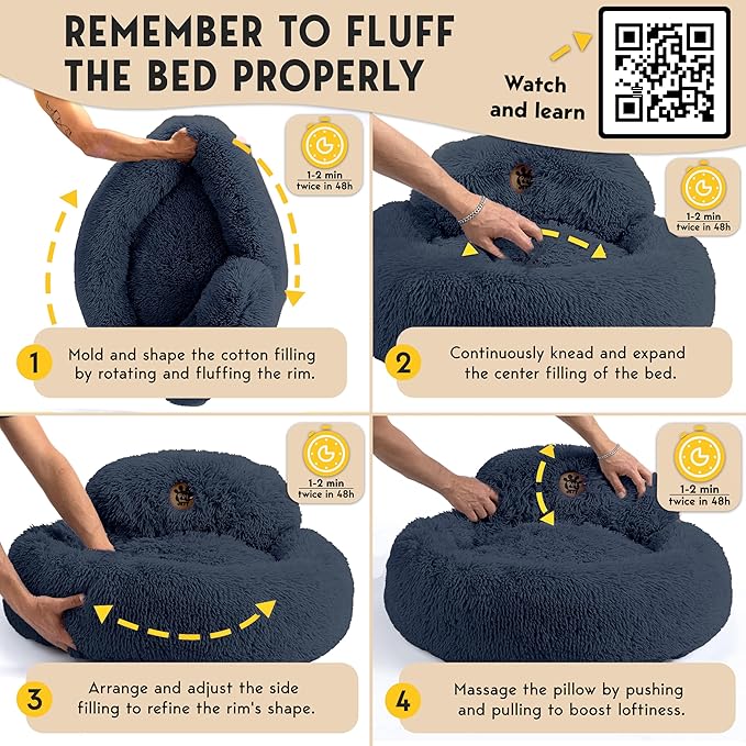 PetJett Calming Dog Beds Large Sized Dog - 36'' Round Bed, Anti-Slip & Washable Super Soft Donut Bed, Fluffy Faux Fur Anti-Anxiety Premium Comfort Pet Bed, Fits Dogs up to 100 lbs - Dark Grey