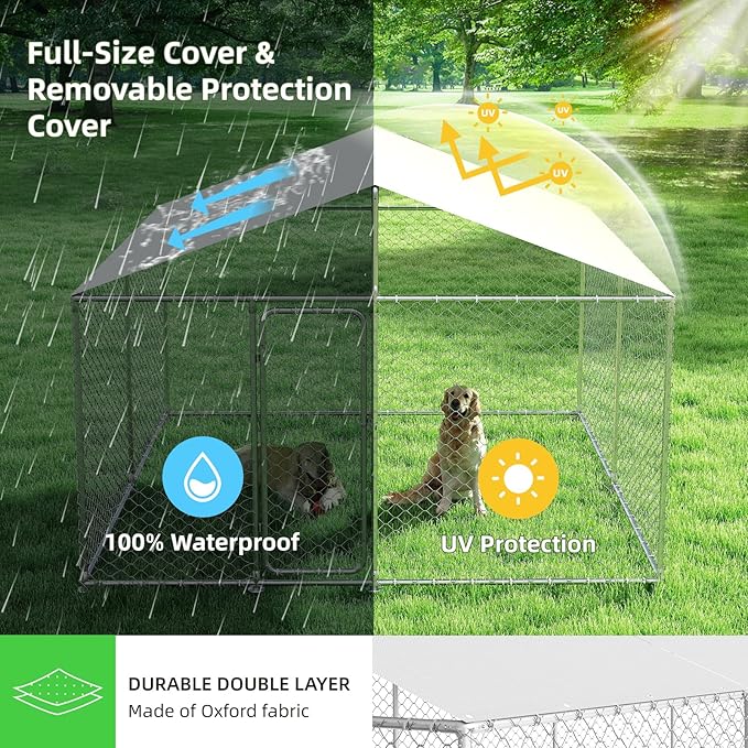 10x10 FT Outdoor Dog Kennel Outside Heavy Duty Dog Enclosure with Waterproof Cover and Security Lock(124x124x87Inch)
