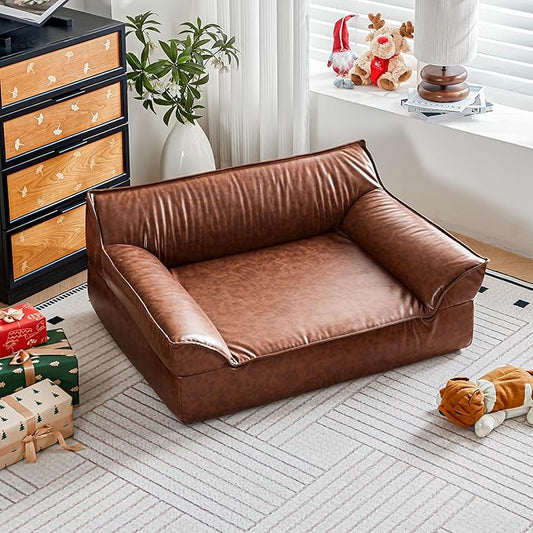 Brown Leather Dog Couch Bed for Small Dogs Under 50 lbs, 31.5 Inch Mid-Century Modern Elevated Dog Sofa Indoor Furniture Style Pet Sofa Bed (Large)