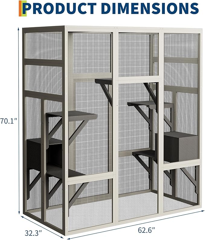 70-Inch Large Catio Enclosure, UV-Protected, Wooden Frame and Rust-Resistant Steel Mesh, Cat House with 2 Lounging Boxes and Platforms, for Patio or Backyard