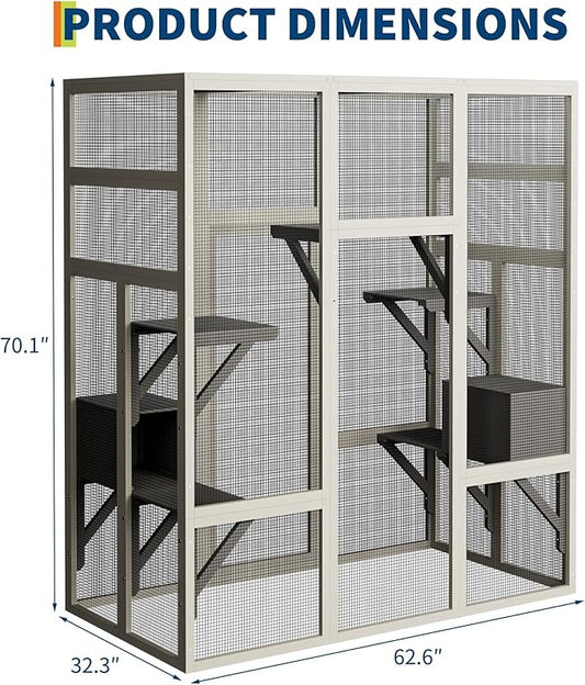 70-Inch Large Catio Enclosure, UV-Protected, Wooden Frame and Rust-Resistant Steel Mesh, Cat House with 2 Lounging Boxes and Platforms, for Patio or Backyard
