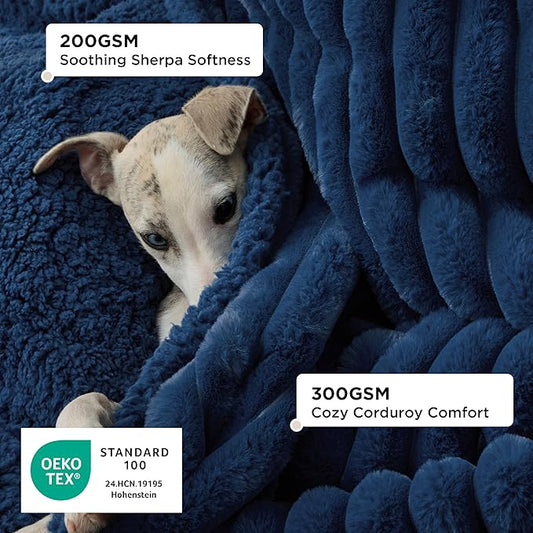 Bedsure Waterproof Dog Blankets for Medium Dogs - Soft Puppy Cat Blanket Corduroy Fleece Washable, Cozy Calming Reversible Furniture Protection for Pet Kitten Doggy,30"x40", Navy Blue