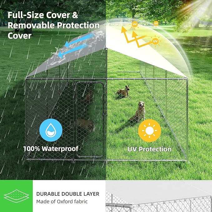 Outdoor Dog Kennel Outside with Metal Large Dog Gate, Outdoor Dog Pens with Roof, Heavy Duty Dog Kennel for Backyard Farm Use (240x120x84IN)