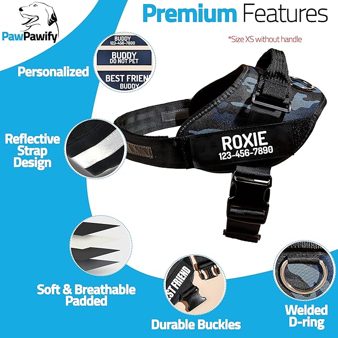PawPawify Custom No Pull Dog Harness with Name and Phone Number, Heavy Duty Personalized Pet Vest to Prevent Tugging, Pulling, or Choking, Training and Walking (Camouflage Navy, S (Chest 16-21in))