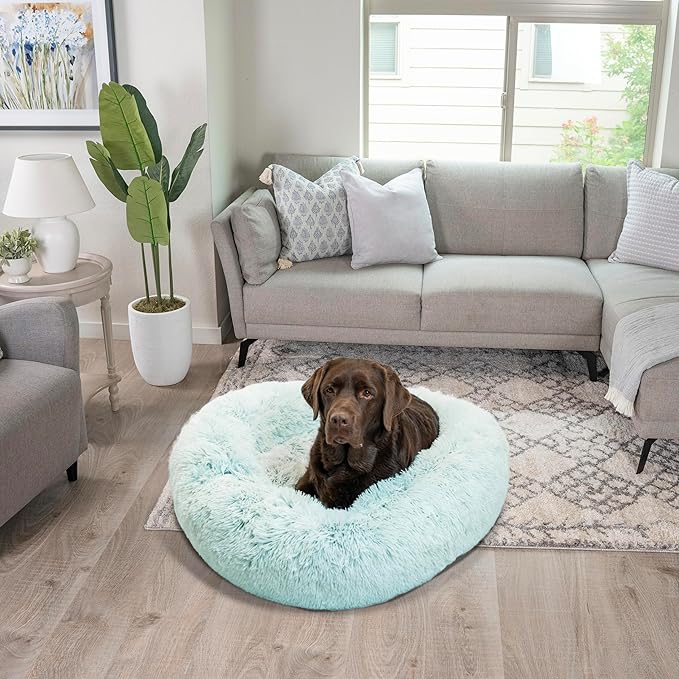 Best Friends by Sheri Original Calming Donut Dog and Cat Bed, Shag Faux Fur, Baby Blue, (36in x 36in) - Anxiety Relief for Pets Up to 100 lbs