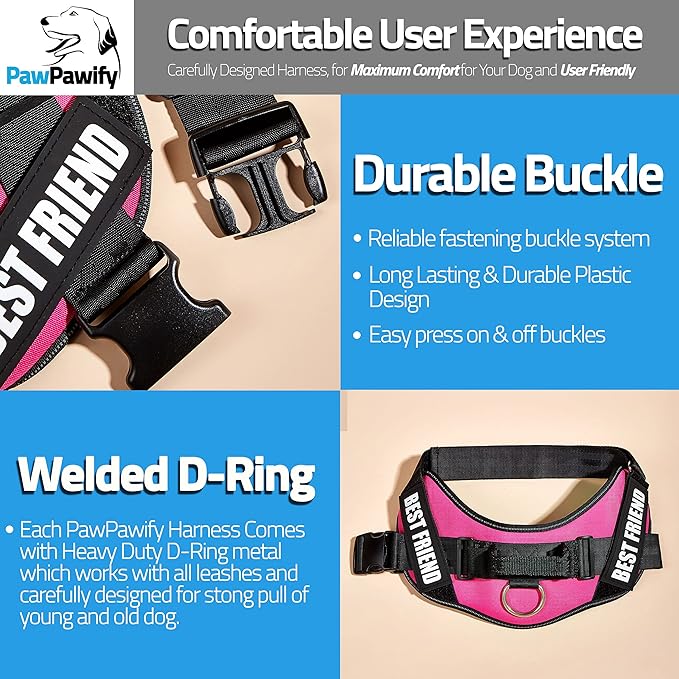 PawPawify Custom No Pull Dog Harness with Name and Phone Number, Heavy Duty Personalized Pet Vest to Prevent Tugging, Pulling, or Choking, Training and Walking (Pink, S (Chest 16-21in))