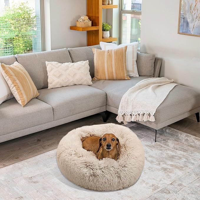 Best Friends by Sheri Original Calming Donut Dog and Cat Bed, Shag Faux Fur, Taupe, (23in x 23in) - Anxiety Relief for Pets Up to 25 lbs