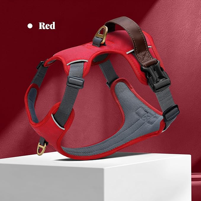 No Pull Dog Harness Medium Sized Dog,Stylish PU Leather Vest with Easy Control Handle,No Choke Front Clip with 2 Metal Leash Clips,Reflective & Adjustable for Walking,Red,Chest 22-29"