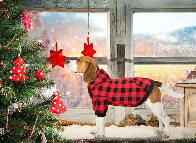 Dog Sweater Red Buffalo Plaid Pet Clothes Warm and Soft Breathable Cozy Small Pet Hoodies Dog Sweaters for Small Dogs with Pocket(S)