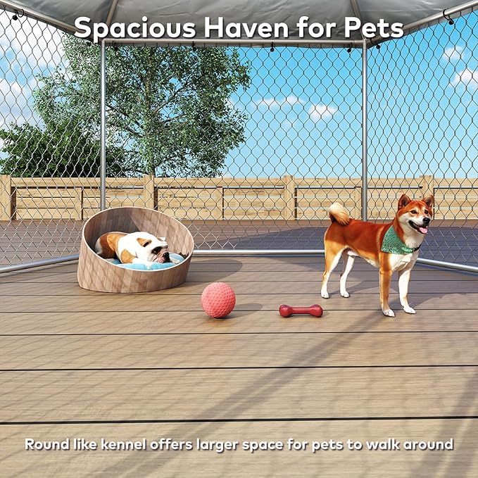 9.1x9.1 FT Outdoor Dog Kennel Outside Heavy Duty Dog Enclosure with Waterproof Cover and Security Lock, Galvanized Wire Mesh Hexagonal Large Dog Kennel(109.4x109.4x95.3IN)
