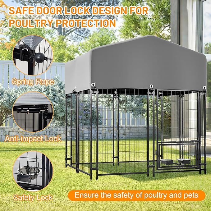 Dog Crate Dog Kennel Outdoor W/Roof,Dog Cage W/ 360°Rotating Feeder & Secure Lock,Weatherproof Dog Pens Outside W/Flexible Clamps,for Garden Yard,Grey(4.23x3.83x4.83 FT)