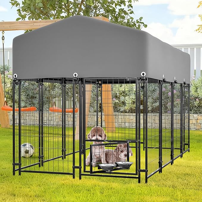 Dog Crate Dog Kennel Outdoor W/Roof,Dog Cage W/ 360°Rotating Feeder & Secure Lock,Weatherproof Dog Pens Outside W/Flexible Clamps,for Medium/Large,Grey(4.23x7.81x4.83 FT)