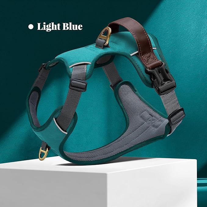No Pull Dog Harness Small Sized Dog,Stylish PU Leather Vest with Easy Control Handle,No Choke Front Clip with 2 Metal Leash Clips,Reflective & Adjustable for Walking,Light Blue,Chest 19-24"