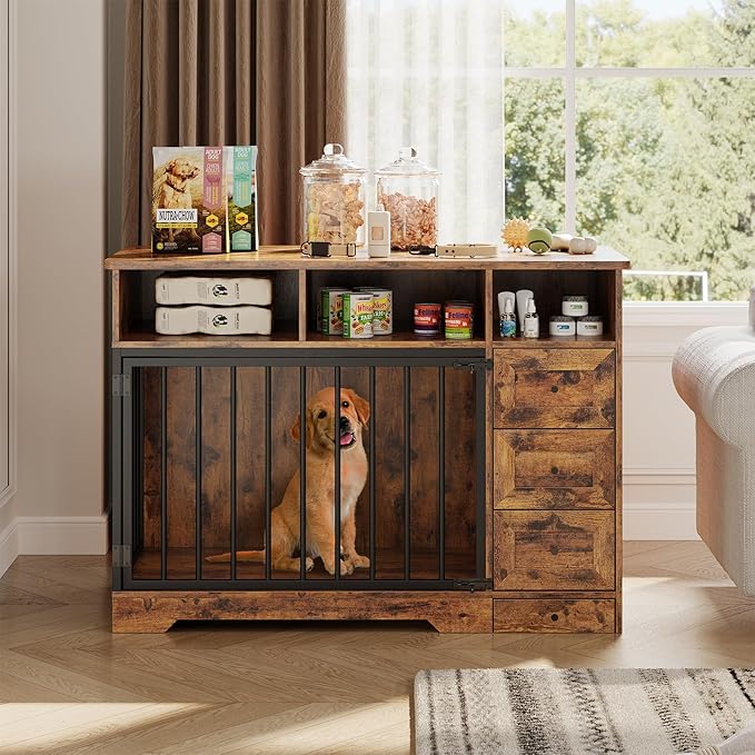 48'' Dog Crate Furniture, Farmhouse Heavy Duty Dog Kennel with Bowl & Storage Drawers, Medium Dog Cage End Table for Small Medium Dogs, Retro Brown
