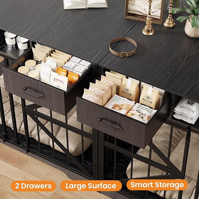 44" Large Dog Crate Furniture, Wooden Heavy Duty Dog Kennel TV Stand with 2 Drawers, Indoor Multi-Functional Decorative XL Furniture for Medium & Large Breeds, Black