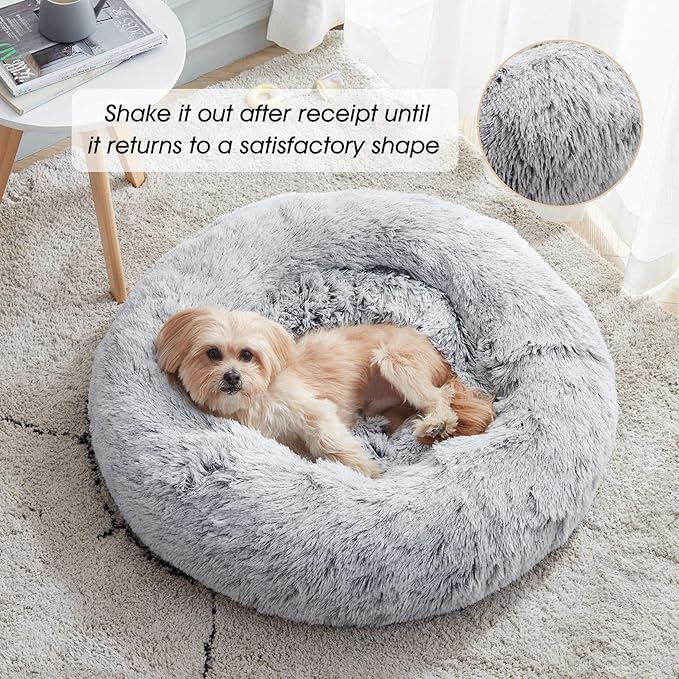 WESTERN HOME WH Calming Dog & Cat Donut Cuddler, Anti-Anxiety Warming Cozy Soft Round Bed, Fluffy Faux Fur Plush Cushion for Small Medium Dogs and Cats (20"/24"/27"/30")
