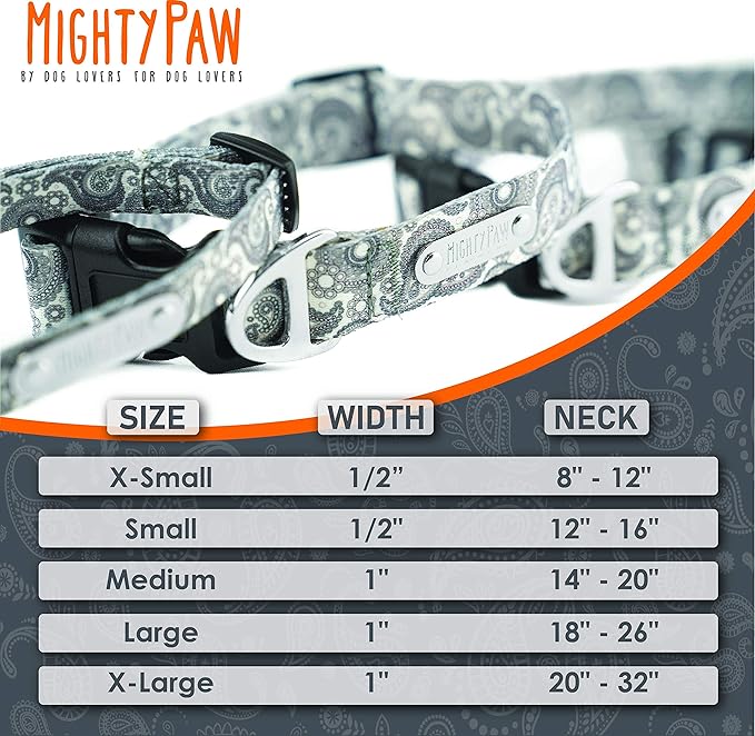 Mighty Paw Grey Paisley Designer Collar - Stylish and Sleek - Great for Small and Large Dogs - Ultimate Comfort with Soft Premium Polyester Webbing - Heavy-Duty Hardware for Long Lasting Use - M