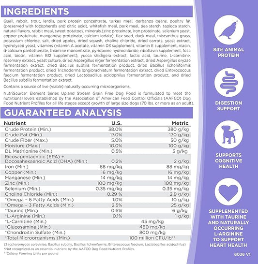NutriSource Element Series Upland Stream Dry Dog Food, Quail, Rabbit & Trout, 24LB