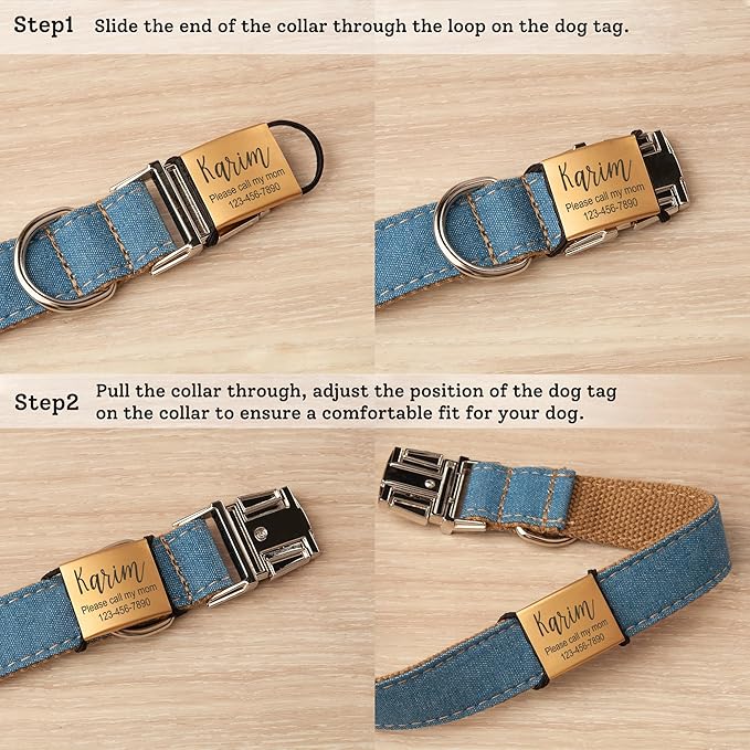 Anavia Slide On Silent Pet ID Tags, S/M/L/XL Personalized Stainless Steel Cat Dog Tag with Elastic Fabric Band, Engraved Nameplate Quiet Chew-Proof Pet Collar Tag (Black, Large)