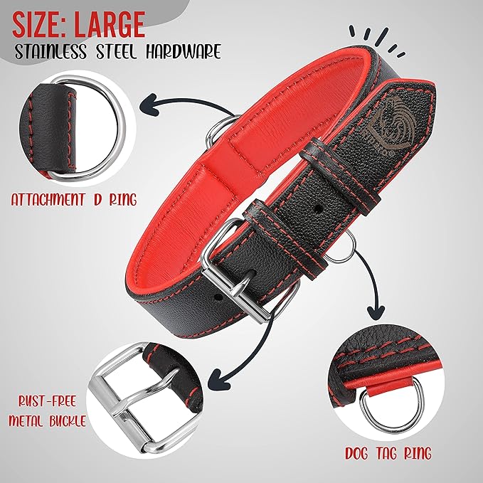 Riparo Dog Collars for Medium Dogs, Genuine Leather Dog Collar, Medium Dog Collar (M: 1" Wide for 13.5”-17.5” Neck, Black/Red Thread)