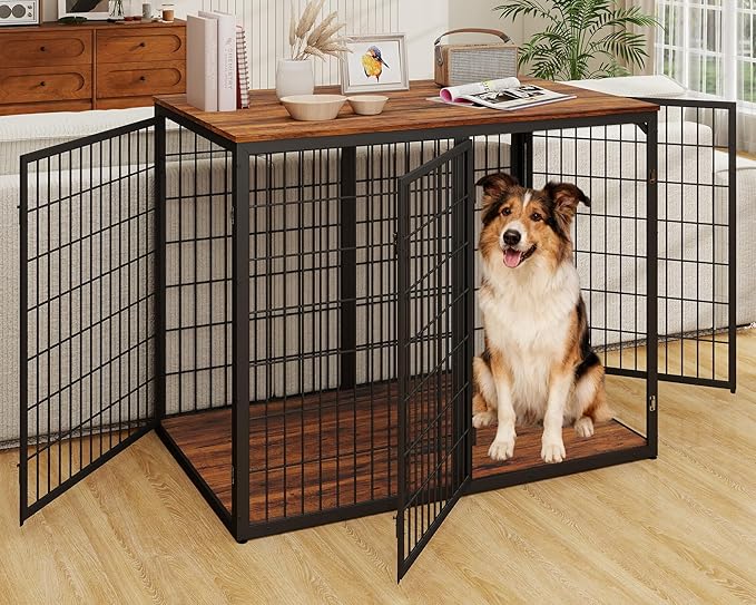 48" Dog Crate Furniture for Medium Large Dogs, Indestructible Large Dog Kennel Indoor with 3 Doors, Wooden Dog Cage Side End Table, Heavy Duty XL Dog Crate, Brown