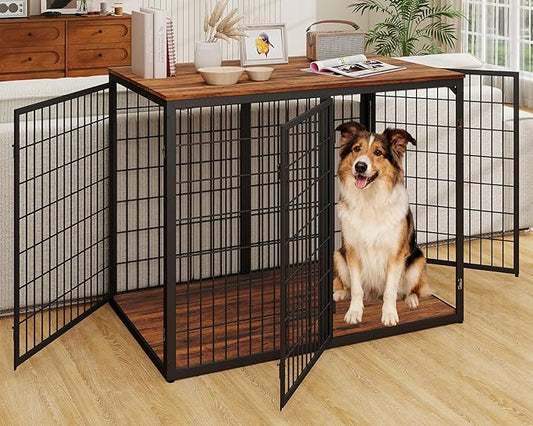 48" Dog Crate Furniture for Medium Large Dogs, Indestructible Large Dog Kennel Indoor with 3 Doors, Wooden Dog Cage Side End Table, Heavy Duty XL Dog Crate, Brown