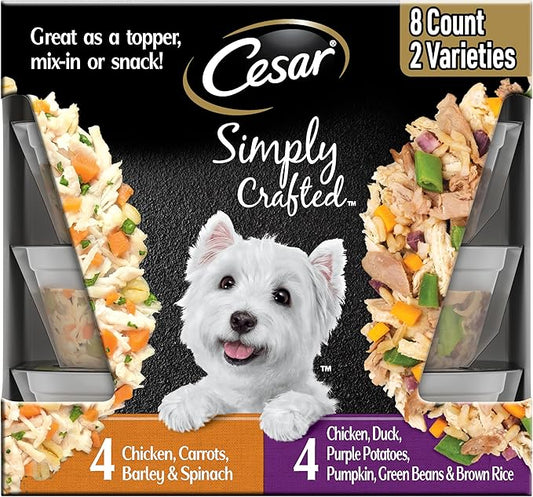 Cesar Simply Crafted Adult Wet Dog Food Meal Topper, Chicken, Duck, Purple Potatoes, Pumpkin, Green Beans & Brown Rice and Chicken, Carrots, Barley & Spinach Multipack, 1.3oz (8 Count, Pack of 1)