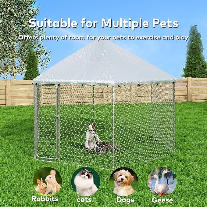 6.8x6.8 FT Large Outdoor Dog Kennel Outside,Heavy-Duty Galvanized Wire Mesh Dog Enclosure with Waterproof Cover & Secure Lock,Hexagonal Cage for Large Dogs