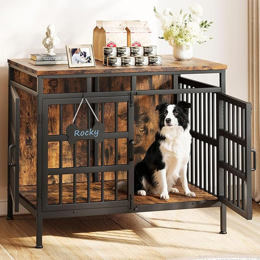 39 Inch Dog Crate Furniture, Heavy Duty Dog Kennel for Small Medium Large Dogs, Double Doors Indoor Decor Pet House Cage, Anti Escape Wooden Dog Cage with Name Tag End Table, TV Stand, Brown