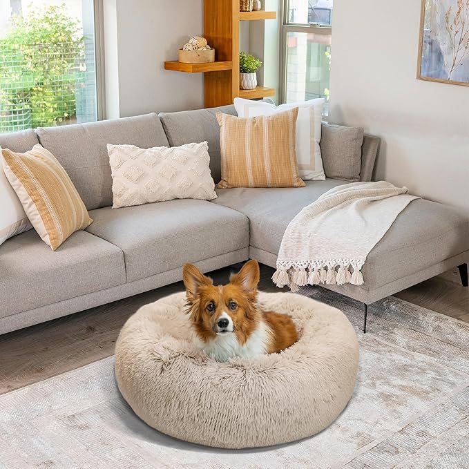 Best Friends by Sheri Original Calming Donut Dog and Cat Bed, Shag Faux Fur, Taupe, (30in x 30in) - Anxiety Relief for Pets Up to 45 lbs