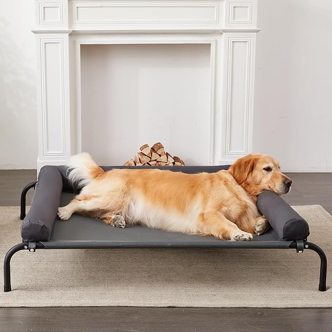 Cooling Elevated Dog Bed with Pillows,Portable Washable Raised Dog Cot Bed with Chew Proof Mesh and Metal Frame,No-Slip Rubber Feet for Indoor & Outdoor Use,XLarge,Deep Grey