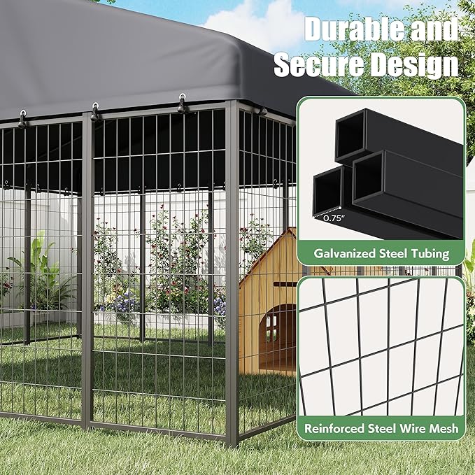 Heavy Duty Outdoor Dog Kennel for Yard, 10x10 Large Steel Chain Link Fence with Roof, Dog Run Enclosure with Feeding Bowl & Self-Locking Latch