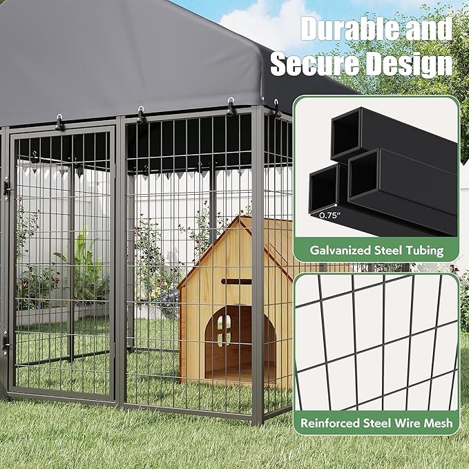 Heavy Duty Outdoor Dog Kennel for Yard, 6x6 Small Steel Chain Link Fence with Roof, Dog Run Enclosure with Feeding Bowl & Self-Locking Latch