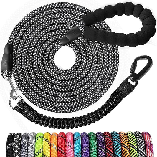 jenico Long Dog Leash 50FT: Heavy Duty Rope Leashes for Dogs Training with Swivel Lockable Hook Reflective Threads Bungee and Padded Handle - Dog Lead for Large Small Medium Dogs Outside Walking