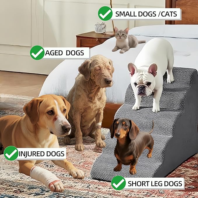 5 Step Pet Stairs Ramp for High Beds Sofas 23-30 Inch with Sturdy Non Slip Waterproof Pads, Machine Washable Cover Indoor Balanced Design for Cats Dogs Small Medium Large XL Pets Grey Large