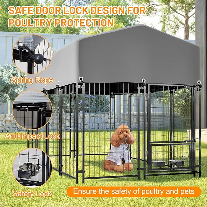 Dog Crate Dog Kennel Outdoor W/Roof,Dog Cage W/ 360°Rotating Feeder & Secure Lock,Weatherproof Dog Pens Outside W/Flexible Clamps,for Medium/Large,Grey(4.23x7.81x4.83 FT)