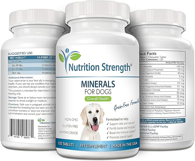 Minerals for Dogs, Support Cells & Nerves, Fortify Bones & Muscles, Promote Overall Health with Calcium, Phosphorus, Magnesium, Potassium, Selenium, Iron, Zinc, 120 Chewable Tablets