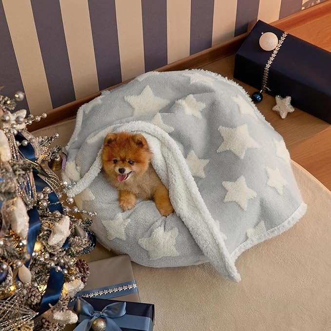 LE SURE Waterproof Dog Blanket for Small Dogs - Washable Double Sided Dog Blankets with Warm Jacquard Shag and Soft Sherpa Fleece, Pet Cat Blanket for Couch Protection, 3D Textured Star, Grey