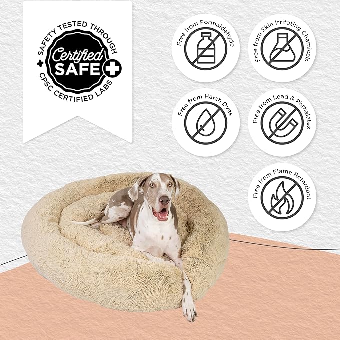 Best Friends by Sheri Original Calming Donut Dog and Cat Bed, Shag Faux Fur,Taupe, XXL (54in x 54in) - Anxiety Relief for Pets Up to 210 lbs