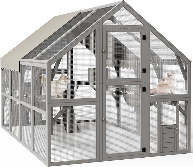 YITAHOME Extra Large Catio Outdoor Cat Enclosure, 110 Inch Outside Cattery with Weatherproof Roof, Scratcher Ramp, Cat Space Capsule Bed, 2 Bridges, 2 Resting Houses, 7 Solutions
