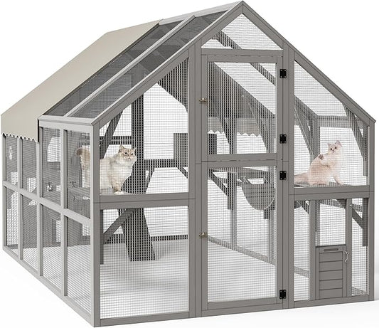 YITAHOME Extra Large Catio Outdoor Cat Enclosure, 110 Inch Outside Cattery with Weatherproof Roof, Scratcher Ramp, Cat Space Capsule Bed, 2 Bridges, 2 Resting Houses, 7 Solutions