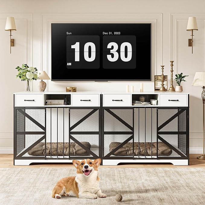 44" Large Dog Crate Furniture, Wooden Heavy Duty Dog Kennel TV Stand with 2 Drawers, Indoor Multi-Functional Decorative XL Furniture for Medium & Large Breeds, White