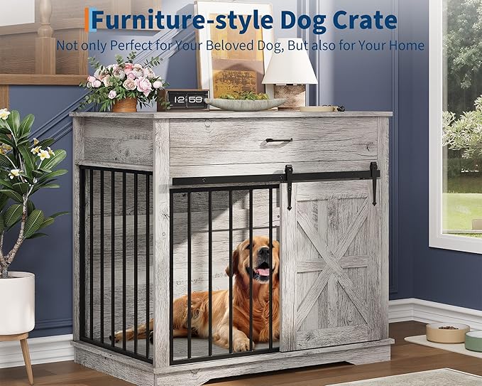 37.8" Dog Crate Furniture for Small Medium Dogs, 2-in-1 Iron-Wood Fusion Dog Cage Indoor As Side End Table, Farmhouse Dogs Kennel with Sliding Barn Doors & Drawer, Grey