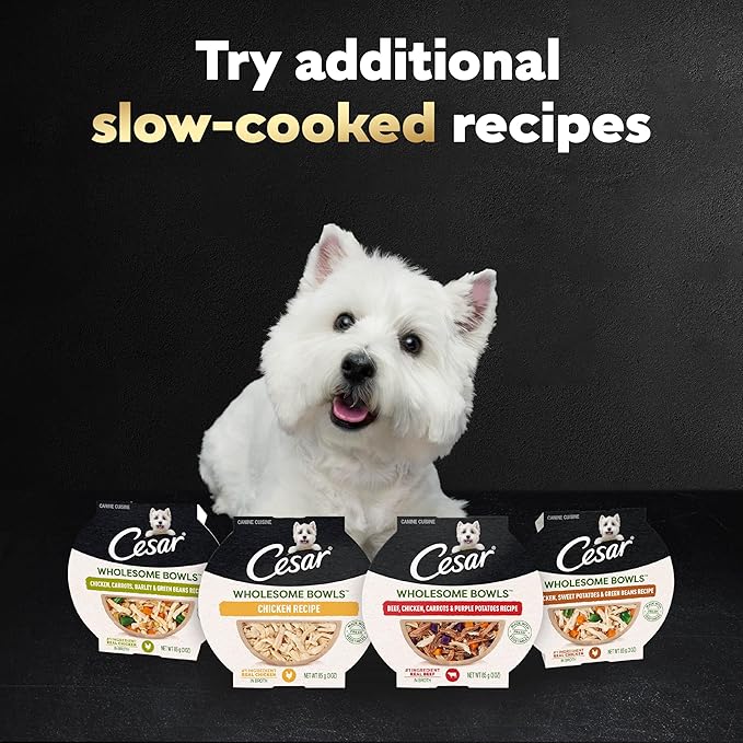 Cesar Wholesome Bowls Adult Wet Dog Food, Beef, Chicken, Carrots, Barley & Green Beans Recipe and Chicken, Apple & Sweet Potato Recipe Variety Pack, 3 oz., 6 Count