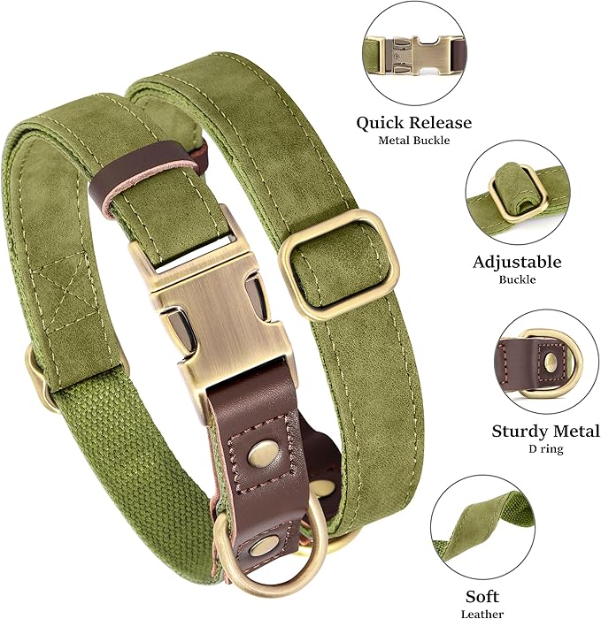 Didog Soft PU Leather Dog Collar for Large Dogs,Classic Adjustable Wide Dog Collars with Quick Release Metal Buckle,Easy Clean and Comfortable with Nylon Lining,Olive Green,XL Neck 17-26", Width 1¼''
