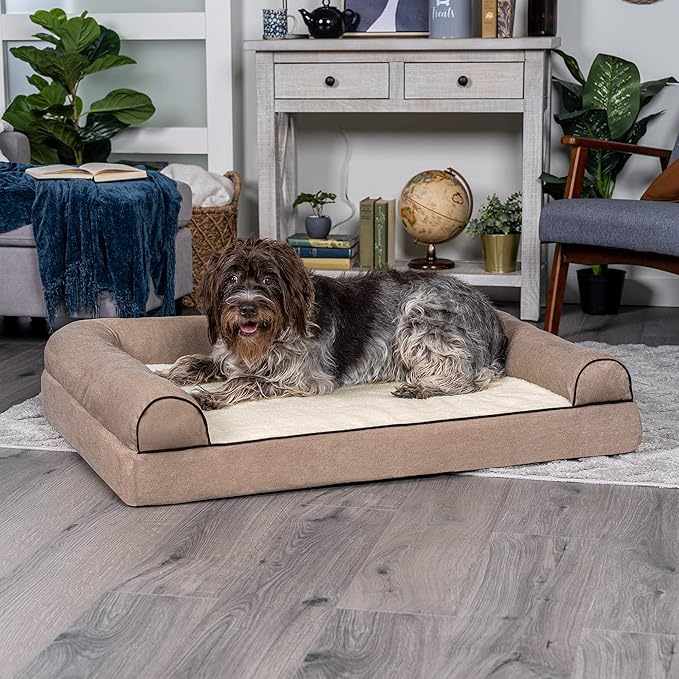 Furhaven Memory Foam Dog Bed for Large Dogs w/ Removable Bolsters & Washable Cover, For Dogs Up to 95 lbs - Sherpa & Chenille Sofa - Cream, Jumbo/XL