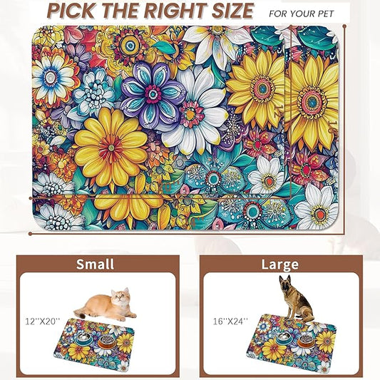Floral Dog Food Mat for Floors,Cute Mandala Flower Absorbent Quick-Dry Pet Feeding Mat,Cat Dog Bowl Mats for Food and Water,Non-Slip Pet Accessories Supplies 12"x20"
