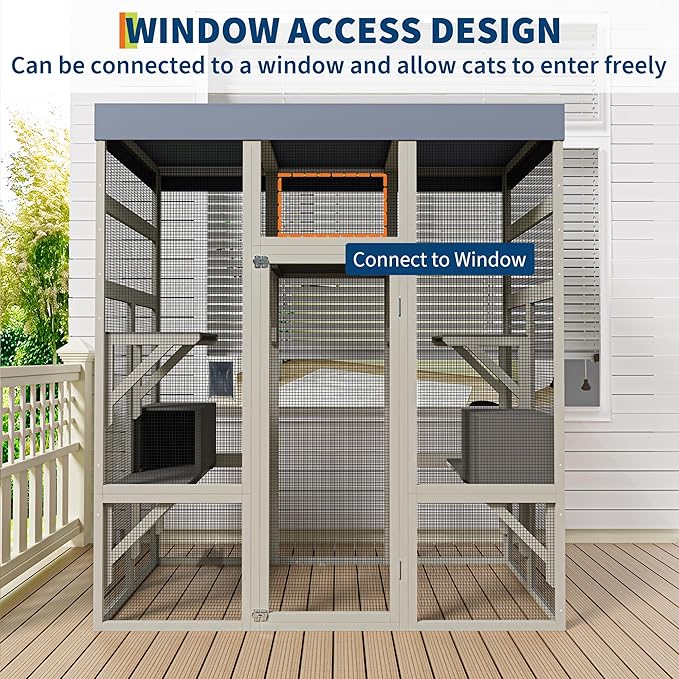 70" Large Outdoor Catio Cat Enclosure, Wood Cat Patio with Waterproof UV-Resistant Roof, Cats Shelter with 5 Platforms and 2 Resting Box, and Secure Rust-Proof Wire for Backyard or Patio