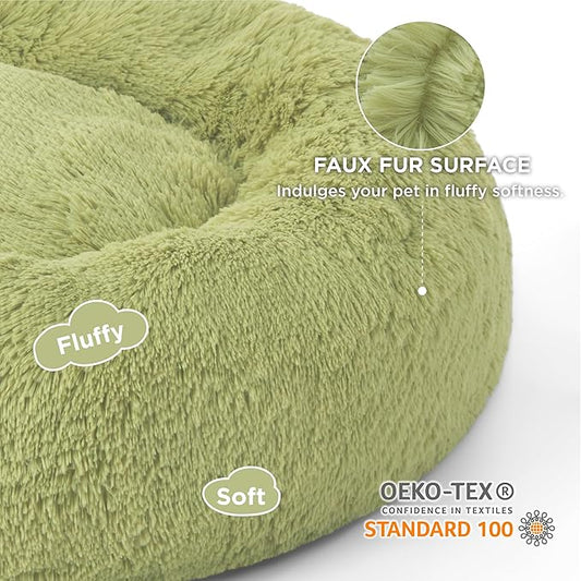 Bedsure Calming Dog Bed for Large Dogs - Donut Washable Large Pet Bed, Anti-Slip Round Fluffy Plush Faux Fur Dog Bed, Fits up to 80 lbs Pets, Green, 36 inches