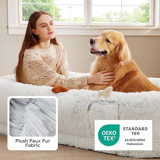 Bedsure Human Dog Bed, 71.0" x 44.0" x 12.0" Calming Giant Human Dog Bed for Adults People Fits Pet Families with Storage Pocket, Fluffy Faux Fur Orthopedic Pet Bean Bed, Frost Grey